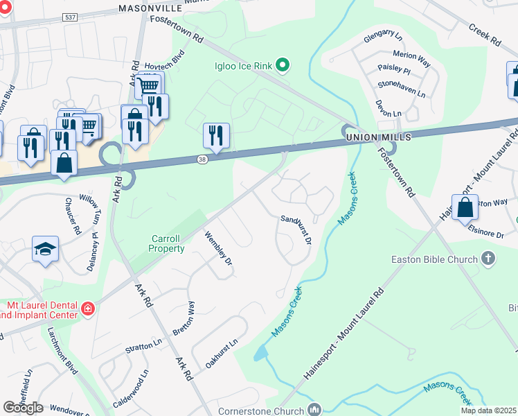map of restaurants, bars, coffee shops, grocery stores, and more near 13 Sandhurst Drive in Mount Laurel Township