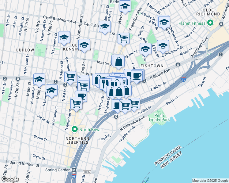 map of restaurants, bars, coffee shops, grocery stores, and more near 5 West Girard Avenue in Philadelphia