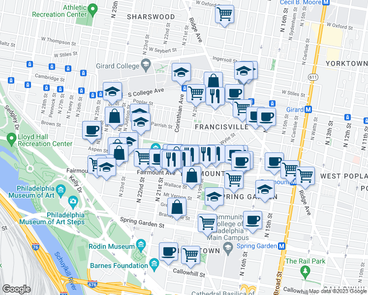 map of restaurants, bars, coffee shops, grocery stores, and more near 2008 Brown Street in Philadelphia