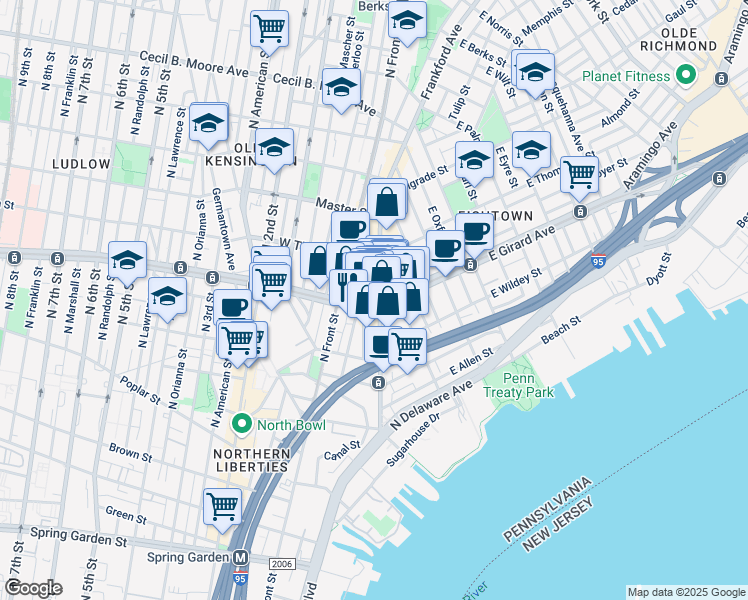 map of restaurants, bars, coffee shops, grocery stores, and more near 5 West Girard Avenue in Philadelphia