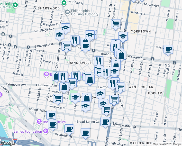 map of restaurants, bars, coffee shops, grocery stores, and more near 1700 Francis Street in Philadelphia