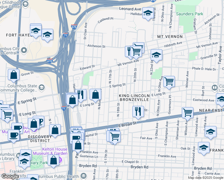 map of restaurants, bars, coffee shops, grocery stores, and more near 180 North 17th Street in Columbus