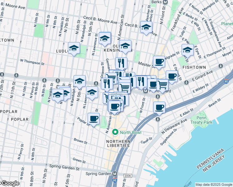 map of restaurants, bars, coffee shops, grocery stores, and more near 1129 Germantown Avenue in Philadelphia