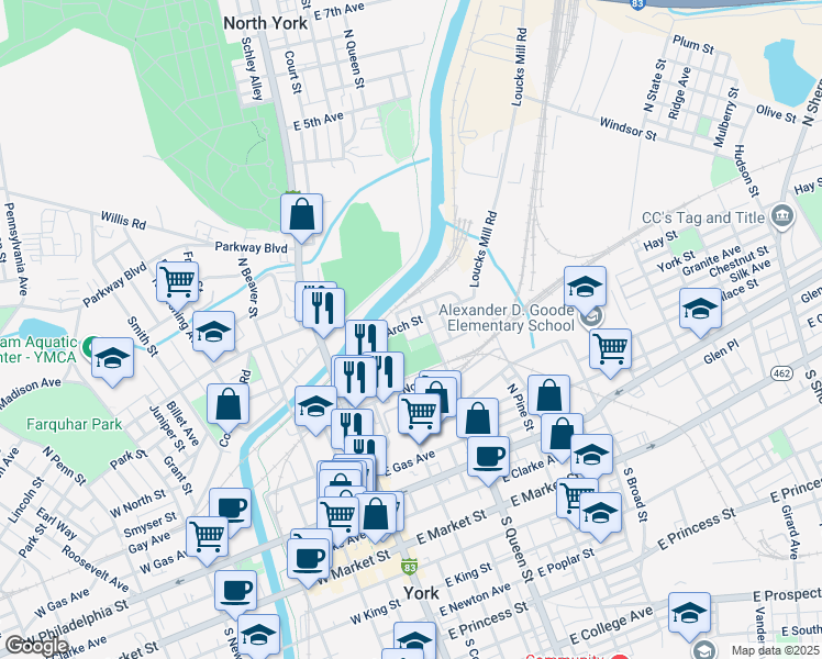 map of restaurants, bars, coffee shops, grocery stores, and more near 144 Arch Street in York