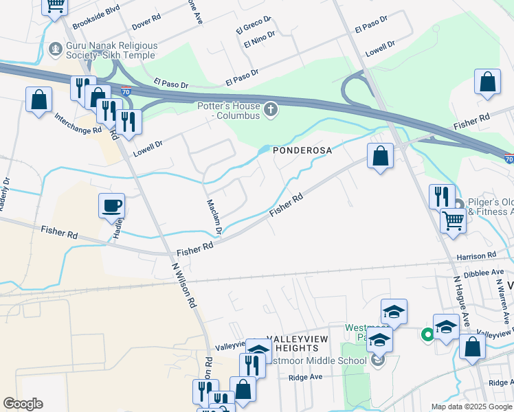 map of restaurants, bars, coffee shops, grocery stores, and more near 3350 Fisher Road in Columbus