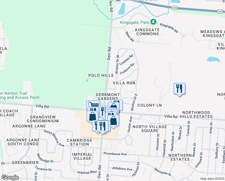 map of restaurants, bars, coffee shops, grocery stores, and more near 1015 Abington Pl in Springfield