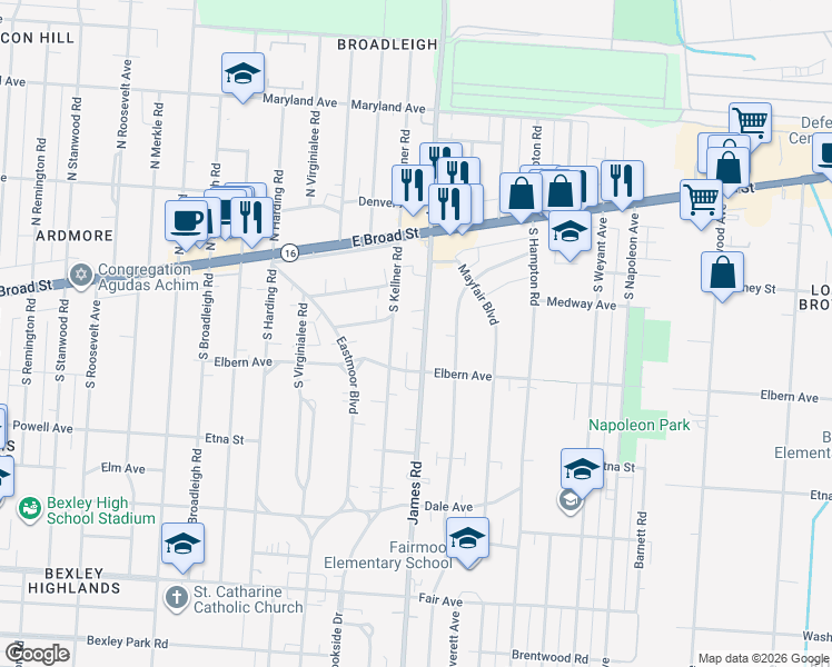 map of restaurants, bars, coffee shops, grocery stores, and more near 135 South James Road in Columbus