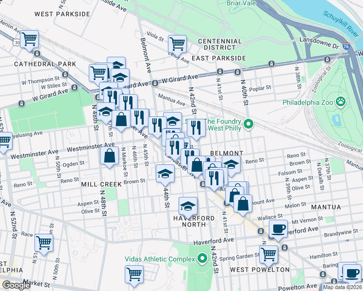 map of restaurants, bars, coffee shops, grocery stores, and more near 4255 Ogden Street in Philadelphia