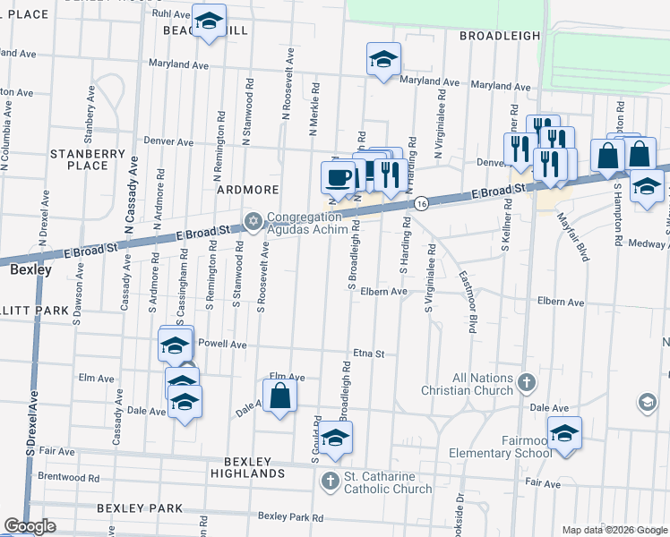 map of restaurants, bars, coffee shops, grocery stores, and more near 86 S Gould Rd in Columbus