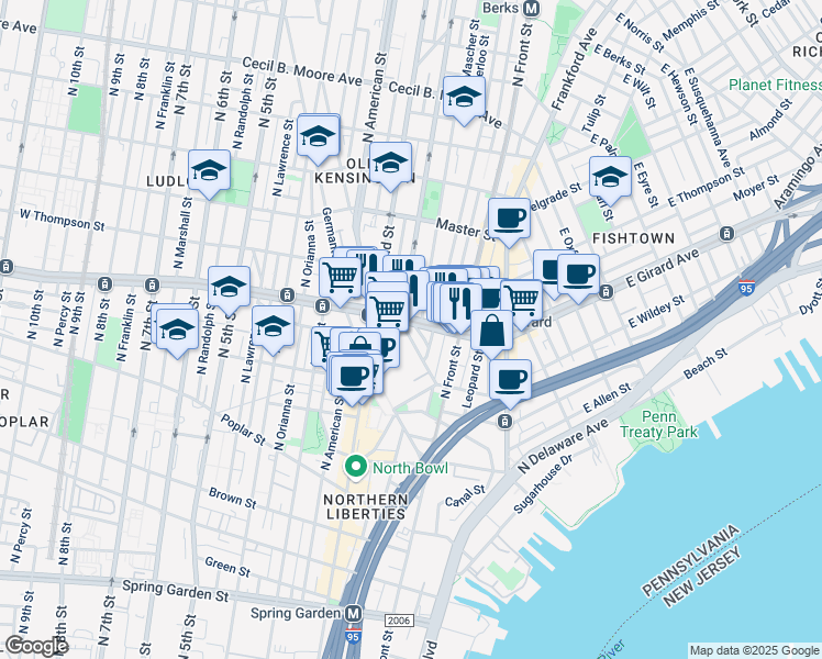 map of restaurants, bars, coffee shops, grocery stores, and more near 1153 North Hancock Street in Philadelphia