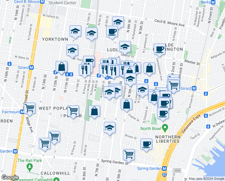 map of restaurants, bars, coffee shops, grocery stores, and more near 970 North Marshall Street in Philadelphia