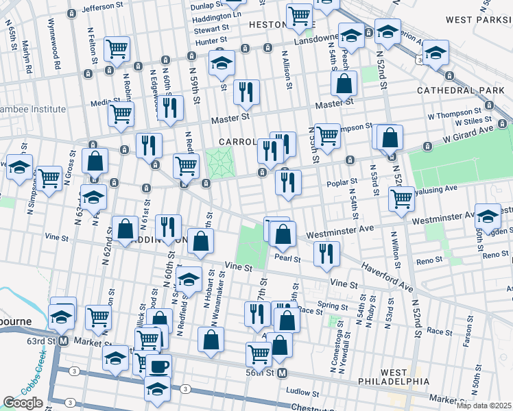 map of restaurants, bars, coffee shops, grocery stores, and more near 5710 Harmer Street in Philadelphia