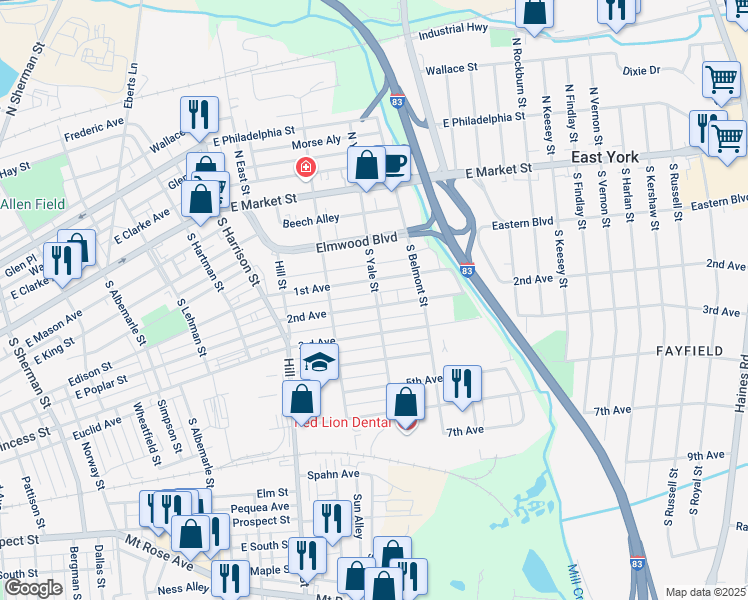 map of restaurants, bars, coffee shops, grocery stores, and more near 1537 2nd Avenue in York