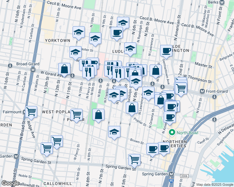 map of restaurants, bars, coffee shops, grocery stores, and more near 970 North Marshall Street in Philadelphia