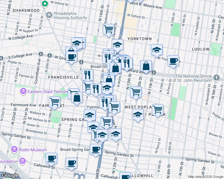 map of restaurants, bars, coffee shops, grocery stores, and more near N Broad St & Parrish St in Philadelphia