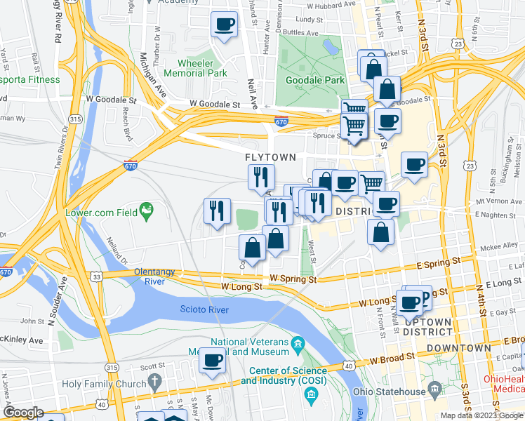 map of restaurants, bars, coffee shops, grocery stores, and more near 438 Brodbelt Lane in Columbus