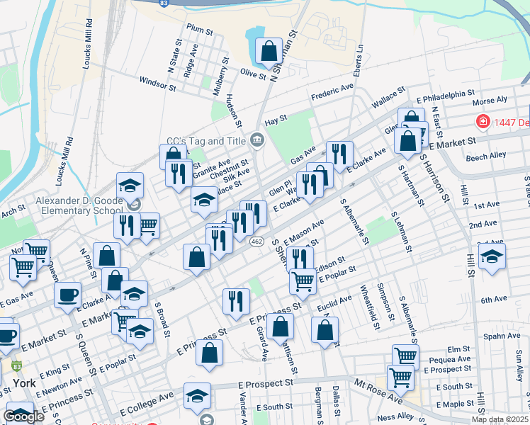 map of restaurants, bars, coffee shops, grocery stores, and more near 44 North Sherman Street in York