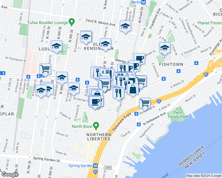 map of restaurants, bars, coffee shops, grocery stores, and more near 1153 North Hancock Street in Philadelphia