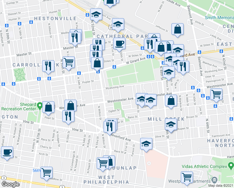 map of restaurants, bars, coffee shops, grocery stores, and more near 928 North 51st Street in Philadelphia