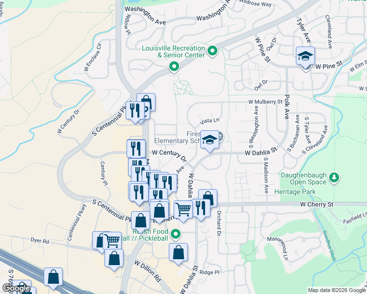 map of restaurants, bars, coffee shops, grocery stores, and more near 174 Cherrywood Lane in Louisville