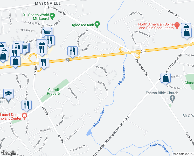 map of restaurants, bars, coffee shops, grocery stores, and more near 4305A Fenwick Lane in Mount Laurel Township