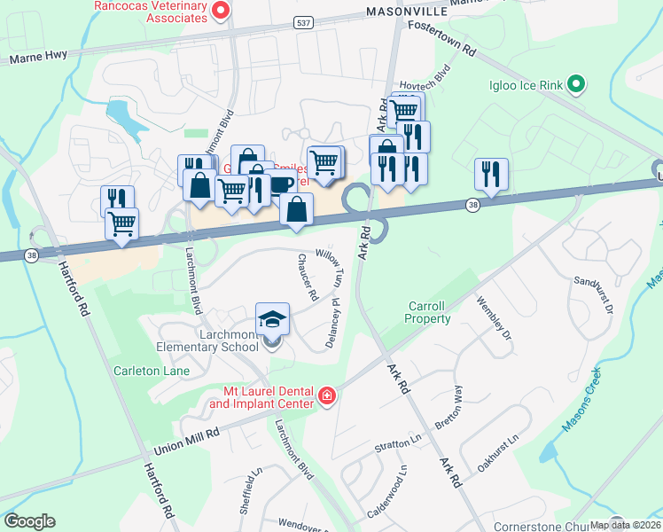 map of restaurants, bars, coffee shops, grocery stores, and more near 219 Willow Turn in Mount Laurel Township