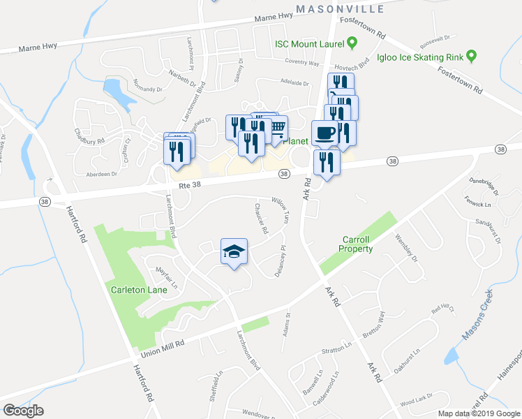 map of restaurants, bars, coffee shops, grocery stores, and more near 229B Willow Turn in Mount Laurel