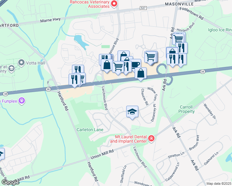map of restaurants, bars, coffee shops, grocery stores, and more near 101 Willow Turn in Mount Laurel Township
