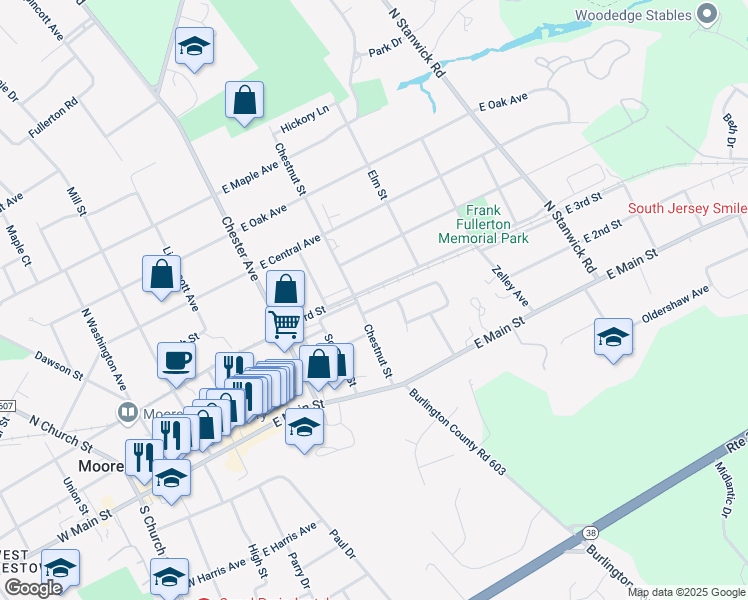 map of restaurants, bars, coffee shops, grocery stores, and more near 205 Eastbourne Terrace in Moorestown