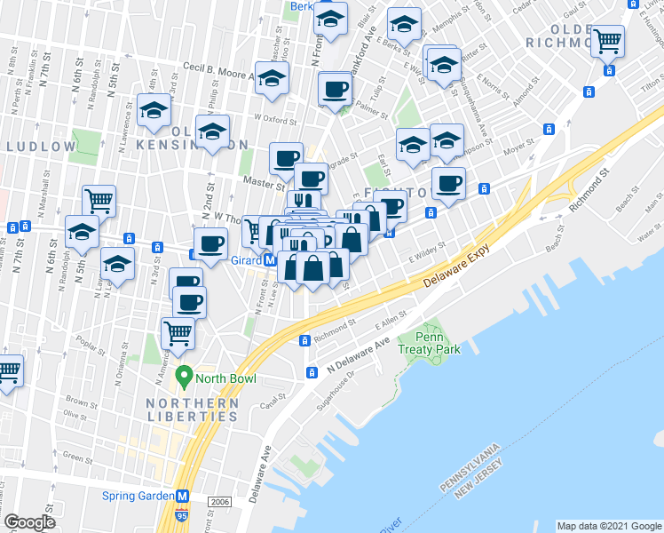 map of restaurants, bars, coffee shops, grocery stores, and more near in Philadelphia