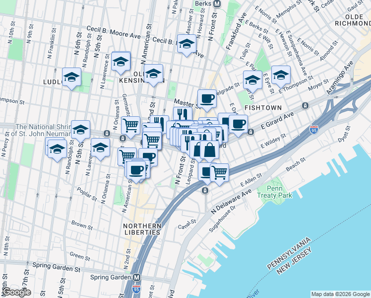 map of restaurants, bars, coffee shops, grocery stores, and more near in Philadelphia
