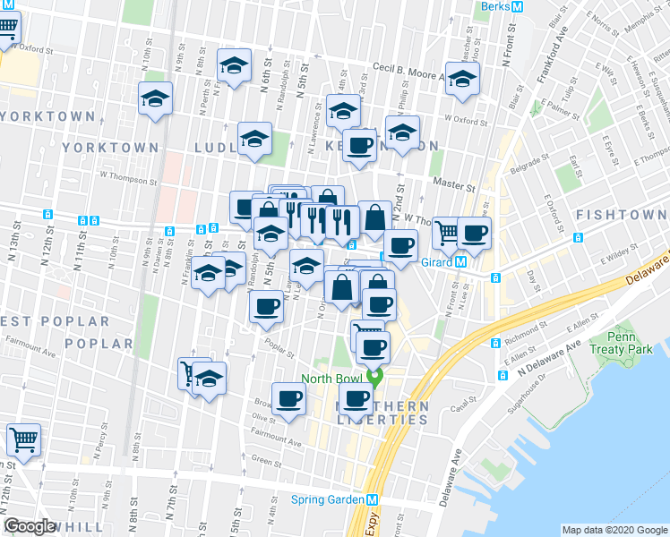 map of restaurants, bars, coffee shops, grocery stores, and more near 1140 North Orianna Street in Philadelphia