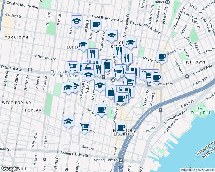 map of restaurants, bars, coffee shops, grocery stores, and more near 1140 North Orianna Street in Philadelphia