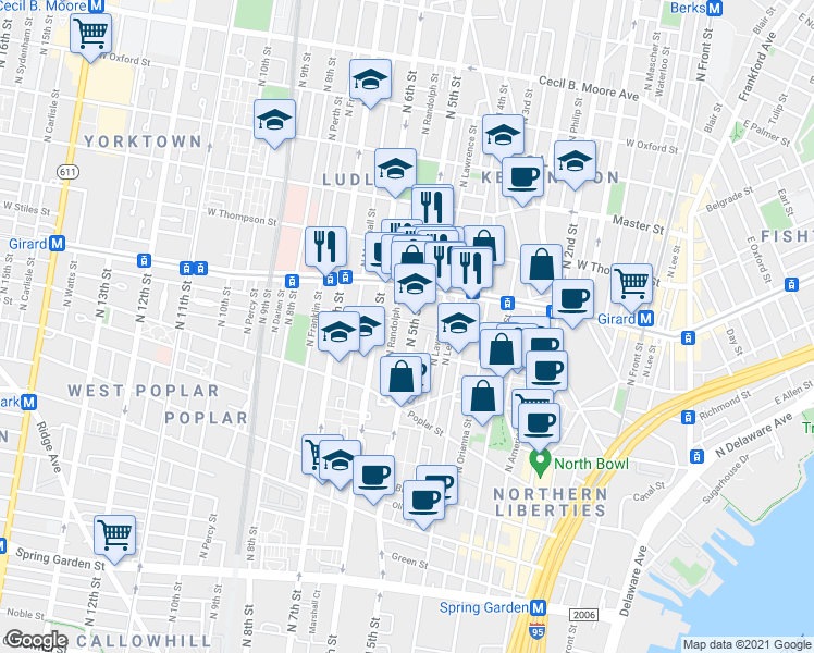 map of restaurants, bars, coffee shops, grocery stores, and more near 988 North 5th Street in Philadelphia
