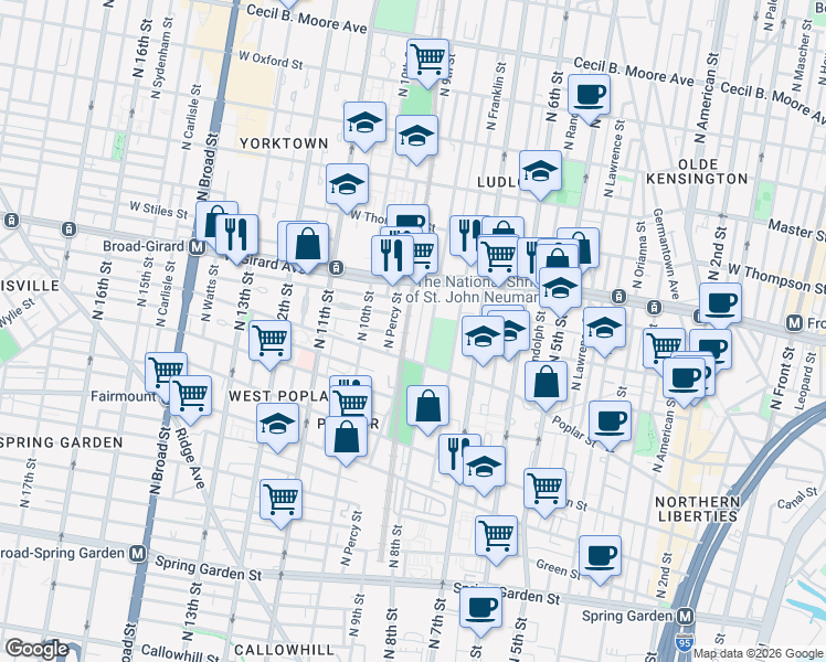 map of restaurants, bars, coffee shops, grocery stores, and more near 900-58 North 9th Street in Philadelphia
