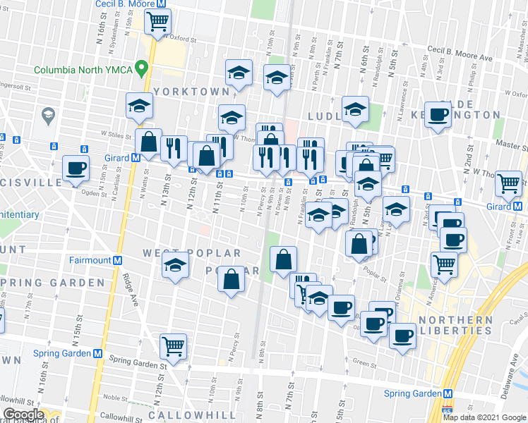 map of restaurants, bars, coffee shops, grocery stores, and more near 900-58 North 9th Street in Philadelphia