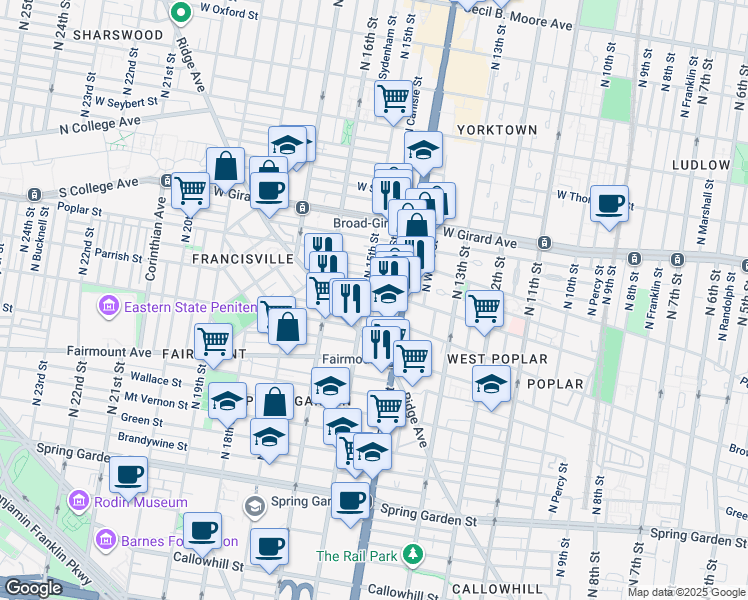 map of restaurants, bars, coffee shops, grocery stores, and more near 1504 Parrish Street in Philadelphia