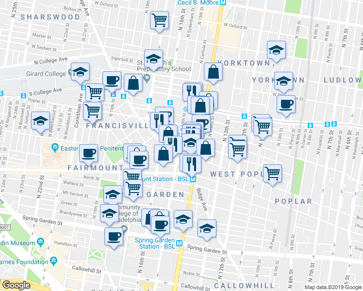 map of restaurants, bars, coffee shops, grocery stores, and more near 1504 Parrish Street in Philadelphia