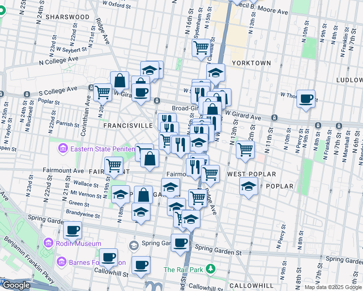 map of restaurants, bars, coffee shops, grocery stores, and more near 1504 Parrish Street in Philadelphia