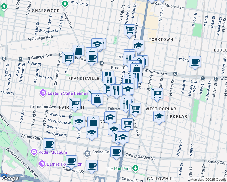 map of restaurants, bars, coffee shops, grocery stores, and more near 1504 Parrish Street in Philadelphia