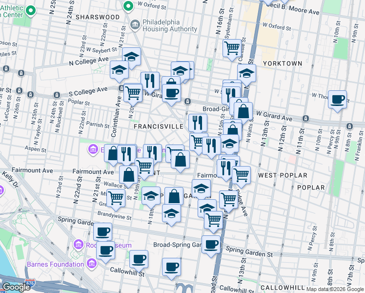map of restaurants, bars, coffee shops, grocery stores, and more near 1700 Francis Street in Philadelphia