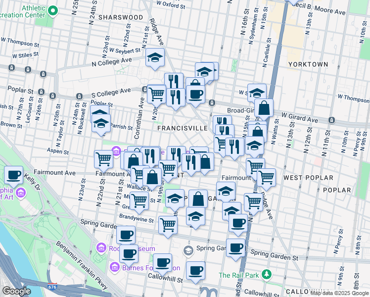 map of restaurants, bars, coffee shops, grocery stores, and more near 813 Cameron Street in Philadelphia