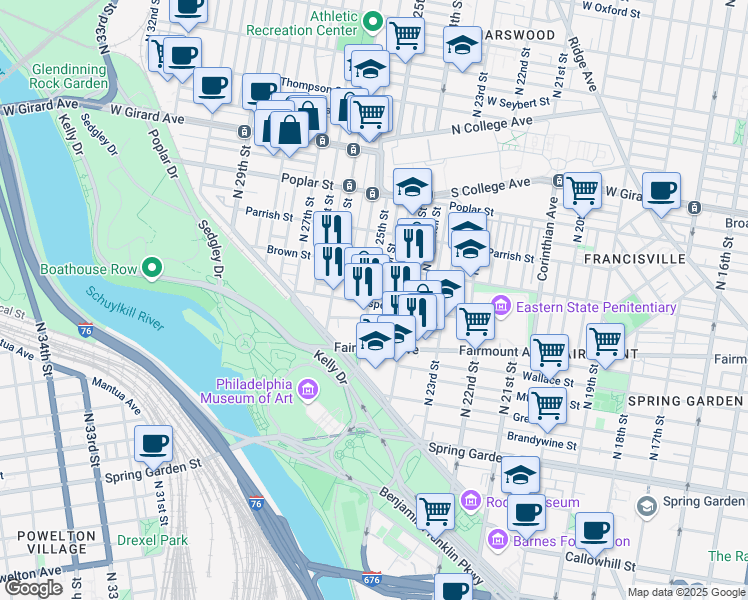 map of restaurants, bars, coffee shops, grocery stores, and more near 754 North 25th Street in Philadelphia