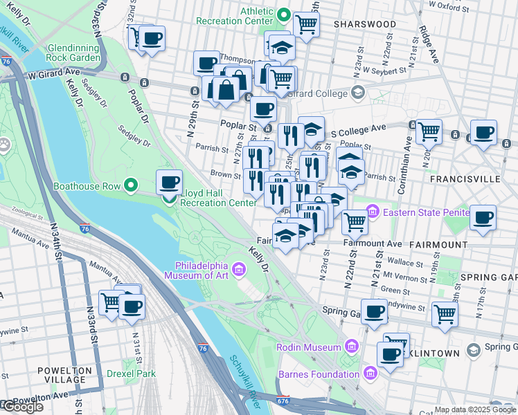 map of restaurants, bars, coffee shops, grocery stores, and more near 2601 Pennsylvania Avenue in Philadelphia