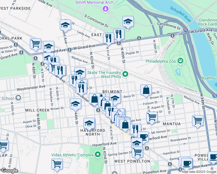 map of restaurants, bars, coffee shops, grocery stores, and more near 857 North 41st Street in Philadelphia