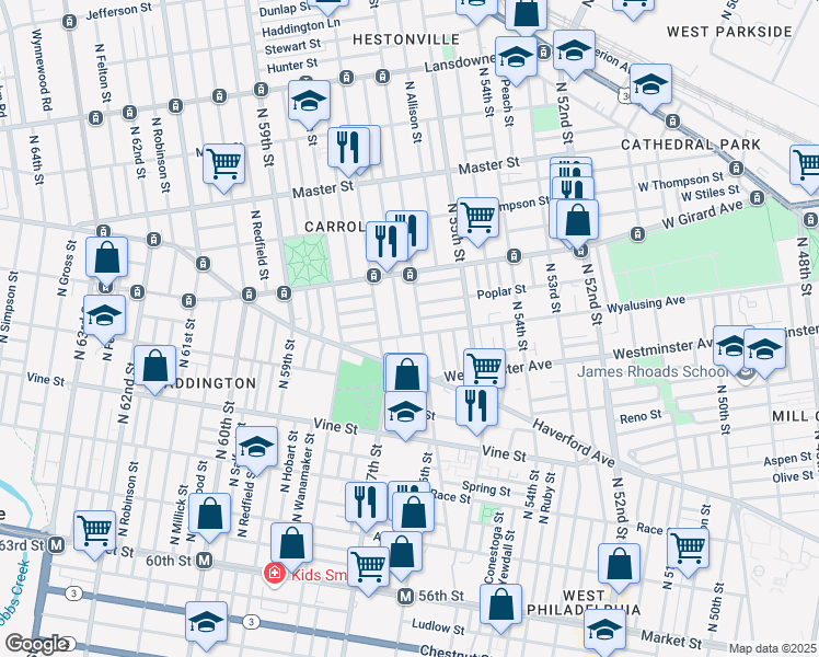 map of restaurants, bars, coffee shops, grocery stores, and more near 5603 Wyalusing Avenue in Philadelphia