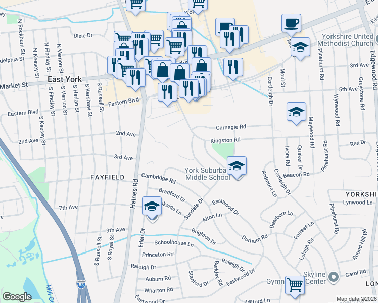 map of restaurants, bars, coffee shops, grocery stores, and more near 421 Hunting Park Lane in East York