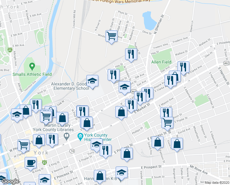 map of restaurants, bars, coffee shops, grocery stores, and more near 538 Wallace Street in York