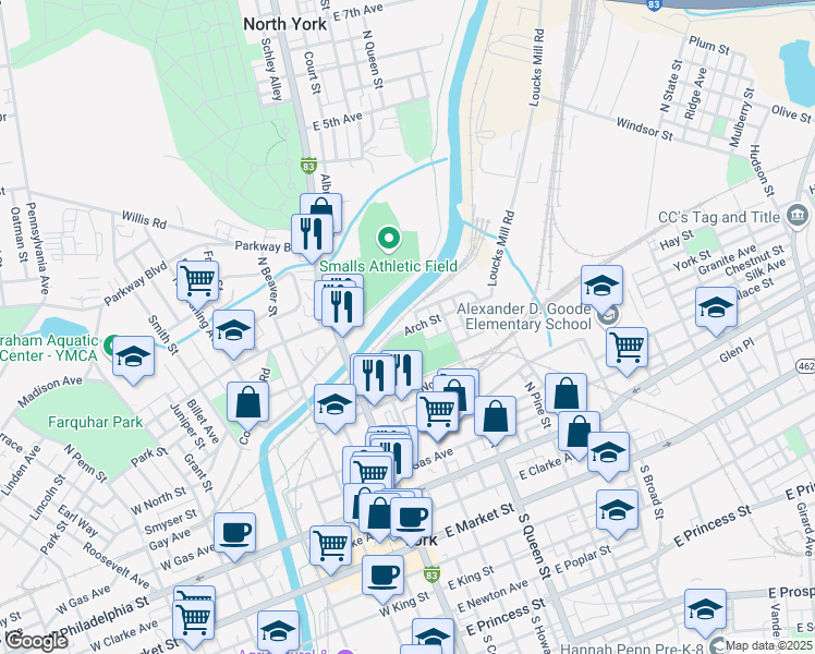 map of restaurants, bars, coffee shops, grocery stores, and more near 127 Arch Street in York