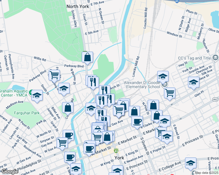 map of restaurants, bars, coffee shops, grocery stores, and more near 127 Arch Street in York